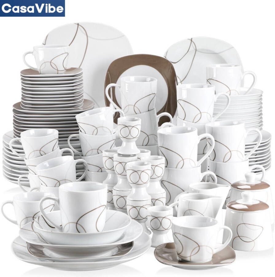 CasaVibe Serviesset – 100 delig – 12 persoons – Keramiek Luxe – Bordenset – Dinnerborden – Dessertborden -Wit met Print