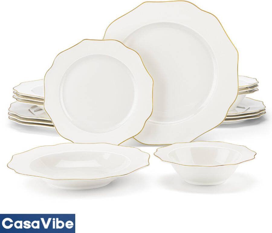 CasaVibe Serviesset – 16 delig – 4 persoons – Porselein Luxe – Bordenset – Dinner platen – Dessertborden Wit Goud