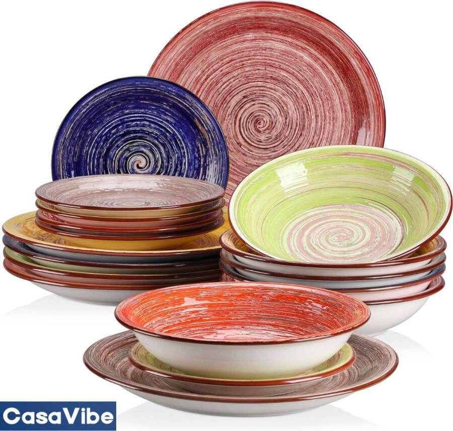 CasaVibe Serviesset – 18 delig – 6 persoons – Keramiek Luxe – Bordenset – Dinnerborden – Dessertborden Verschillende Kleuren Multi Color