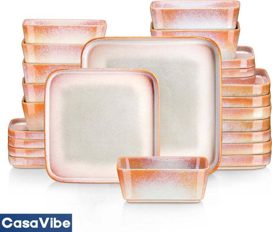 CasaVibe Serviesset – 24 delig – 8 persoons – Keramiek Luxe – Bordenset – Dinnerborden Oranje Wit