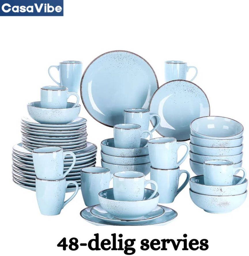 CasaVibe Serviesset – 48 delig – 12 persoons – Keramiek Luxe – Bordenset Koppen Kommen Blauw Navia