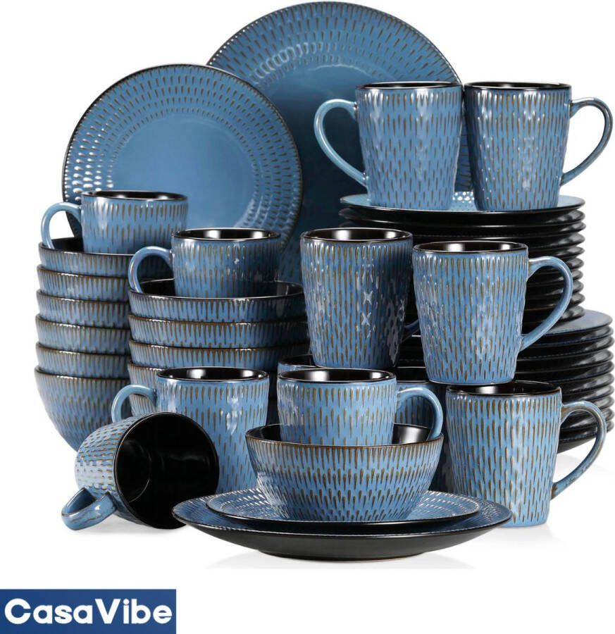 CasaVibe Serviesset – 48 delig – 12 persoons – Keramiek Luxe – Bordenset Koppen Kommen Blauw Pluvo