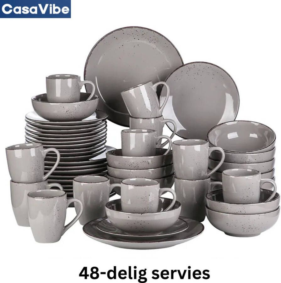 CasaVibe Serviesset – 48 delig – 12 persoons – Keramiek Luxe – Bordenset Koppen Kommen Grijs Navia