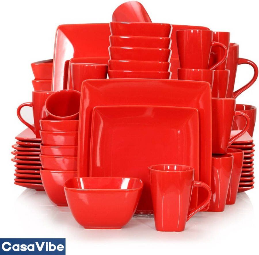 CasaVibe Serviesset – 48 delig – 12 persoons – Keramiek Luxe – Bordenset Koppen Kommen Vierkant Rood