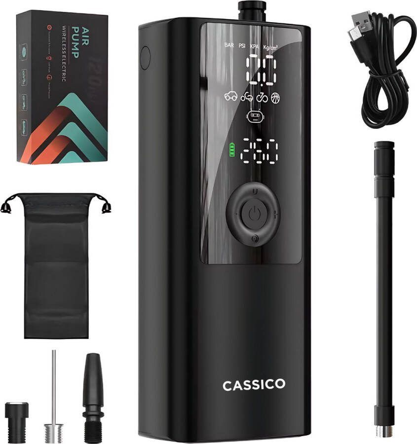 Cassico Elektrische Fietspomp Draagbare Luchtcompressor Oplaadbaar & Draagbaar 120 PSI Voor Auto Fiets Motor & Luchtbed LED Zaklamp en Powerbankfunctie Inclusief Opzetstukken