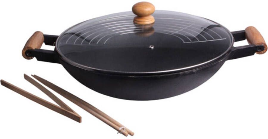 Cast Iron Wokpan set 5-delig gietijzer hout zwart 47 x 39 cm