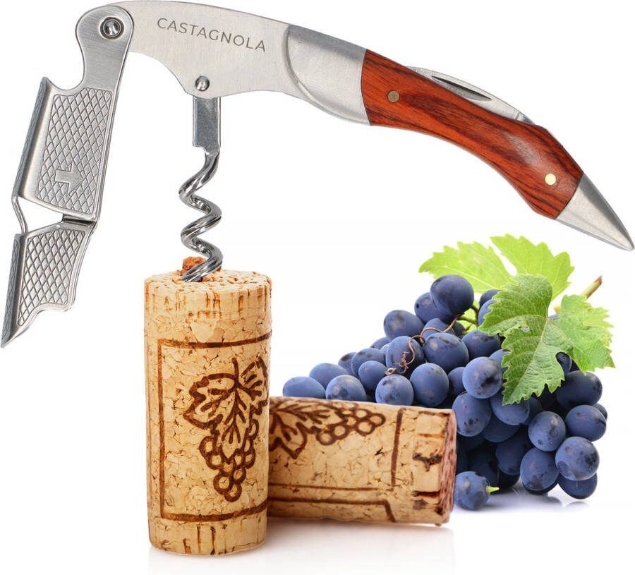 Castagnola Kurkentrekker Kelnermes Wijnopener Wijn opener Flesopener Hefboom Deluxe Pakka Hout en RVS