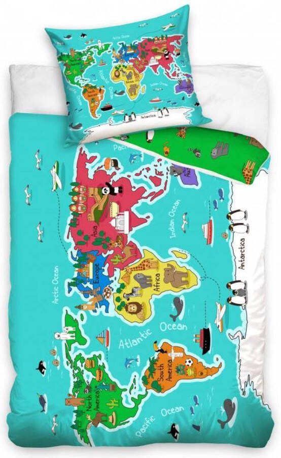 Catherine Lansfield 1-persoons kinder dekbedovertrek (dekbed hoes) “wereldkaart” aquablauw licht blauw met een afbeelding van de werelddelen landen continenten en de zee erop met dieren KATOEN eenpersoons 140 x 200 cm (cadeau idee kinderkamer slaapkamer)