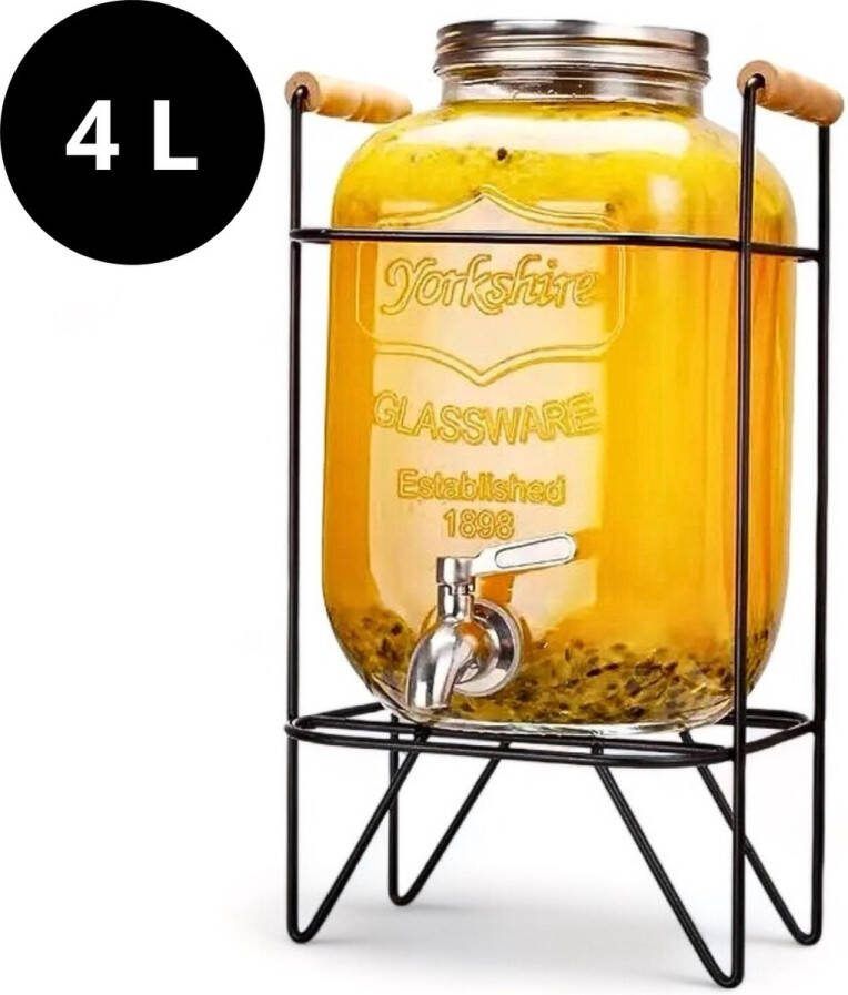 Catrinaz Drankdispenser met rvs kraantje 4L Zwart metalen standaard met houten afwerking Vintage stijl Voor alle koude dranken