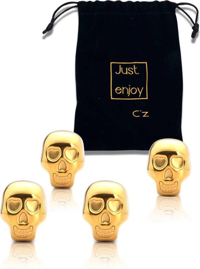 Catrinaz Luxe whiskey stenen Tequila Stones Whiskey stones Skull ontwerp RVS Premium kwaliteit 4 stuks Goudkleur Fluwelen opbergzak Uniek geschenk