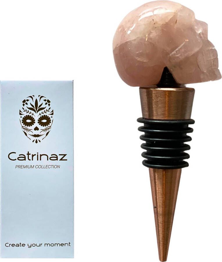 Catrinaz Premium flessenstop met doodshoofd Rozenkwarts natuursteen Rose quartz Wijnstopper doodshoofd Skull Luxe gift box Uniek geschenk Cadeau voor man en vrouw