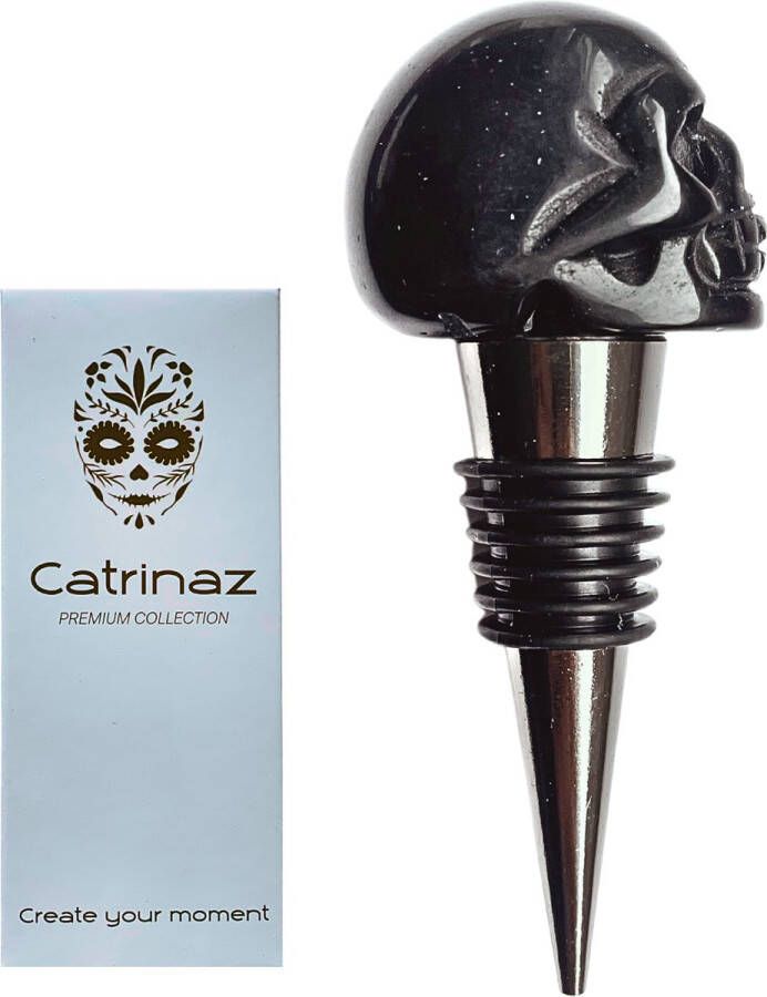 Catrinaz Premium flessenstop met doodshoofd Zwarte obsidiaan natuursteen Wijnstopper Zwart Zwarte doodshoofd Skull Luxe gift box Uniek geschenk Cadeau voor man en vrouw