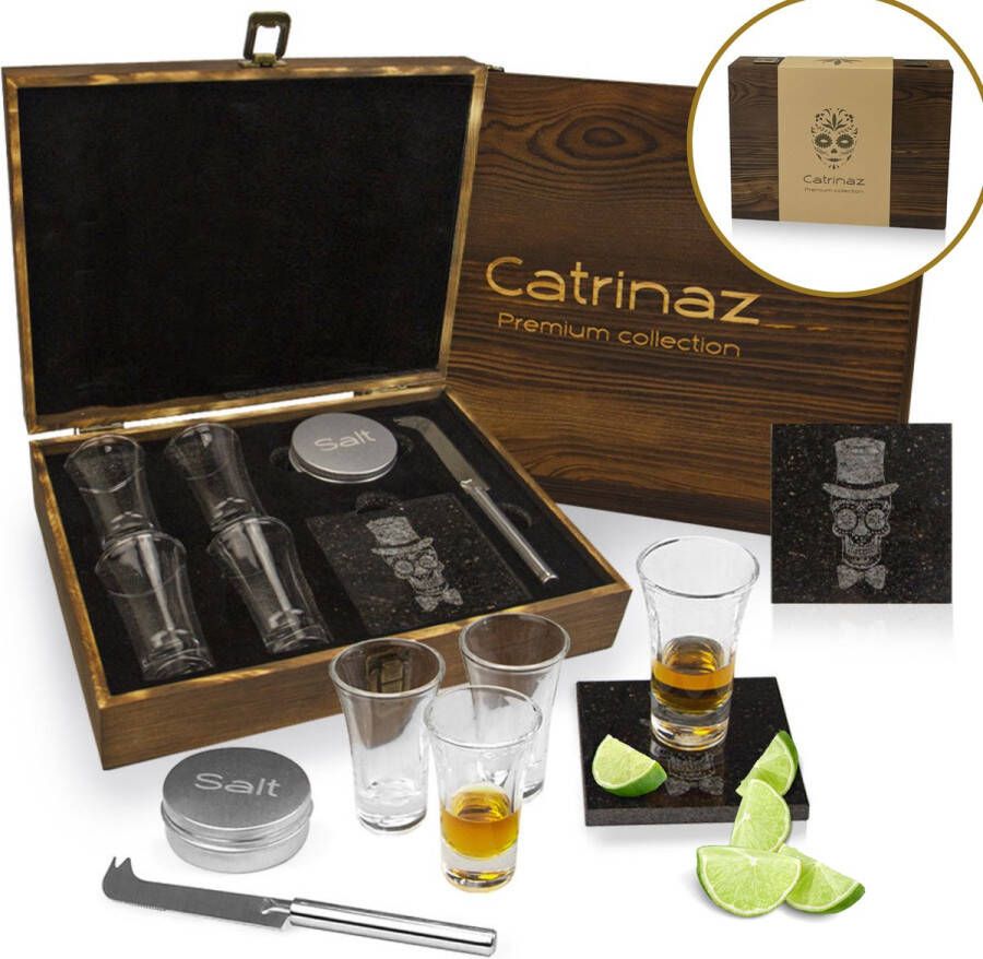 Catrinaz Shotglazen set 6 cl 4 st Premium shotglas Houten geschenkdoos snijsteen snijmesje zoutpotje Mexicaanse Skull Uniek geschenk Gift box Inclusief E-book Tequila Mezcal & Mystieke Tradities van Mexico