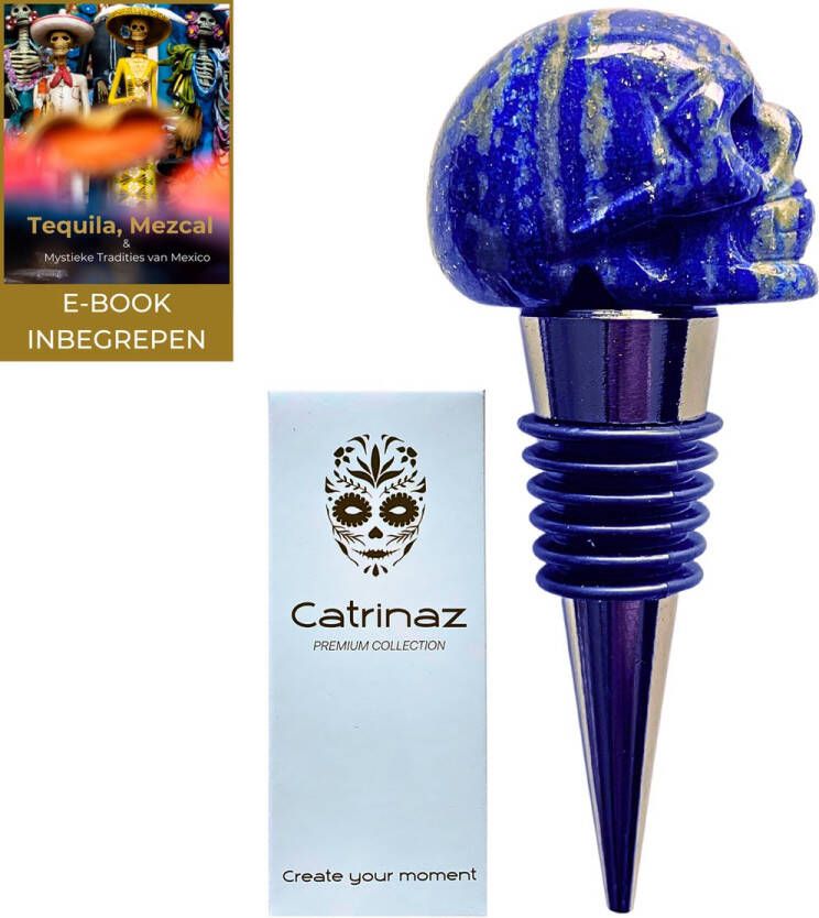 Catrinaz Premium flessenstop met doodshoofd Lapis lazuli natuursteen Wijnstopper doodshoofd Skull Luxe gift box Uniek geschenk Cadeau voor man en vrouw