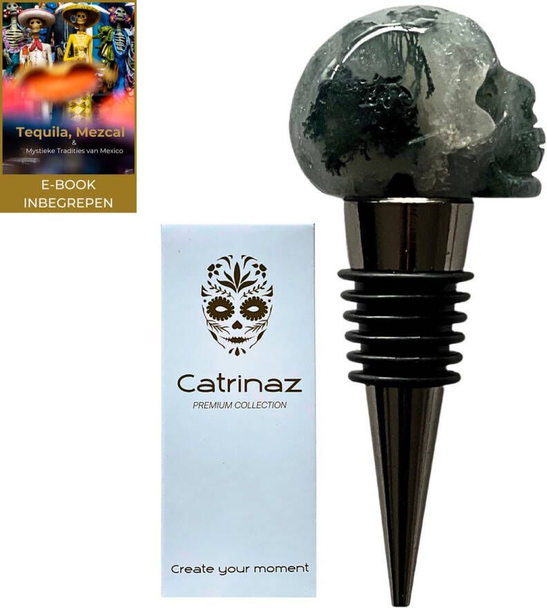 Catrinaz Premium flessenstop met doodshoofd Moss agate natuursteen Wijnstopper doodshoofd Skull Luxe gift box Uniek geschenk Cadeau voor man en vrouw Vaderdag