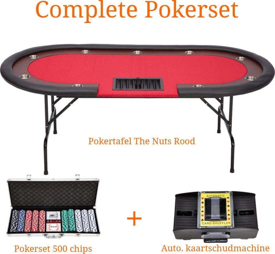 Cave & Garden Complete Pokertafel set The Nuts Pokertafel Pokerset Poker Gewatteerd speelveld + Kunstlederen rand Pokertafels 1-9 spelers Rood + Zwart In Op klapbaar