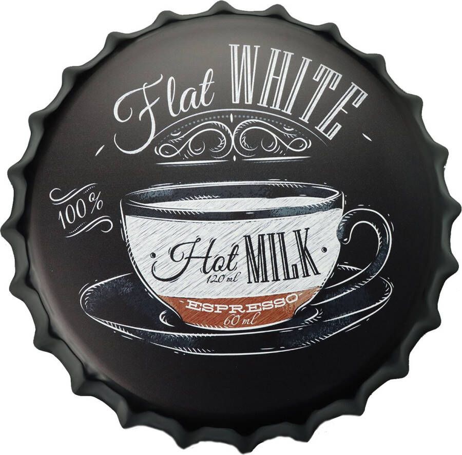 Cave & Garden Wandbord Flat White coffee Metalen wandbord Metalen decoratie Metalen bord Wandborden Wandbord metaal Wandbord rond Coffee Decoratie