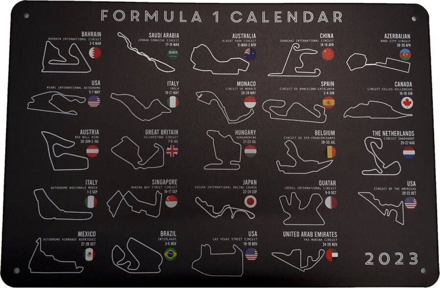 Cave & Garden Wandbord Formula 1 Calendar Metalen wandbord Formula 1 Mancave decoratie Retro Metalen borden Metal sign Bar decoratie Tekst bord Wandborden Bar Wand Decoratie Metalen bord