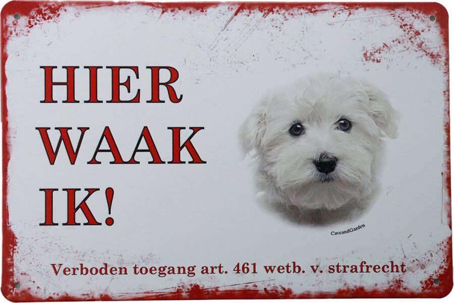 Cave & Garden Wandbord Maltezer Hier Waak Ik Metalen wandbord Wandborden Metalen bord Mancave decoratie Tekst bord Retro Metal sign Bar decoratie Metalen borden Honden UV bestendig 20 x 30cm –