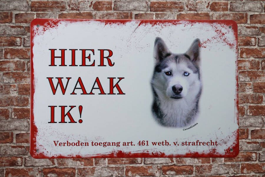 Cave & Garden Wandbord Siberische Husky Hier Waak Ik Metalen wandbord Wandborden Metalen bord Mancave decoratie Tekst bord Retro Metal sign Bar decoratie Metalen borden Honden UV bestendig 20 x 30cm –