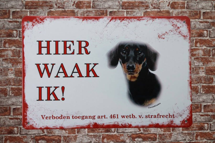 Cave & Garden Wandbord – Teckel Hier Waak Ik Metalen wandbord Wandborden Metalen bord Mancave decoratie Tekst bord Retro Metal sign Bar decoratie Metalen borden Honden UV bestendig 20 x 30cm –
