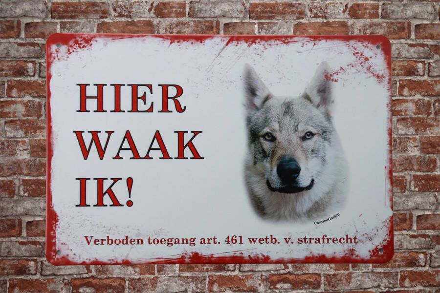 Cave & Garden Wandbord – Tsjechische Wolfshond Hier Waak Ik Metalen wandbord Wandborden Metalen bord Mancave decoratie Tekst bord Retro Metal sign Bar decoratie Metalen borden Honden UV bestendig 20 x 30cm