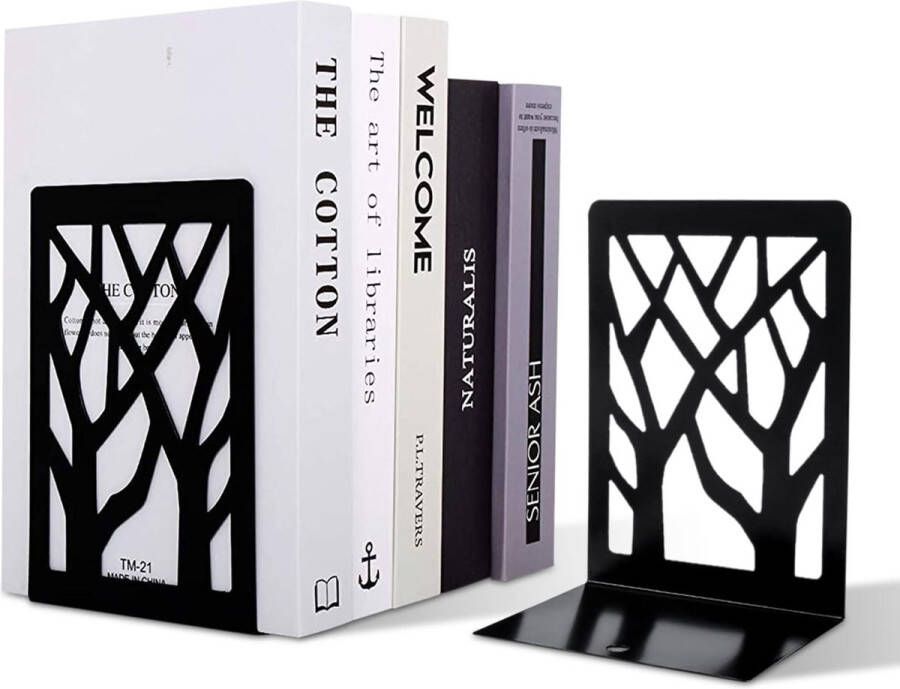 Cavedo Metalen Boekensteun In Zwart Boekenstandaard Boekenhouder Uniek Design Set van 2 Inclusief Boekenlegger
