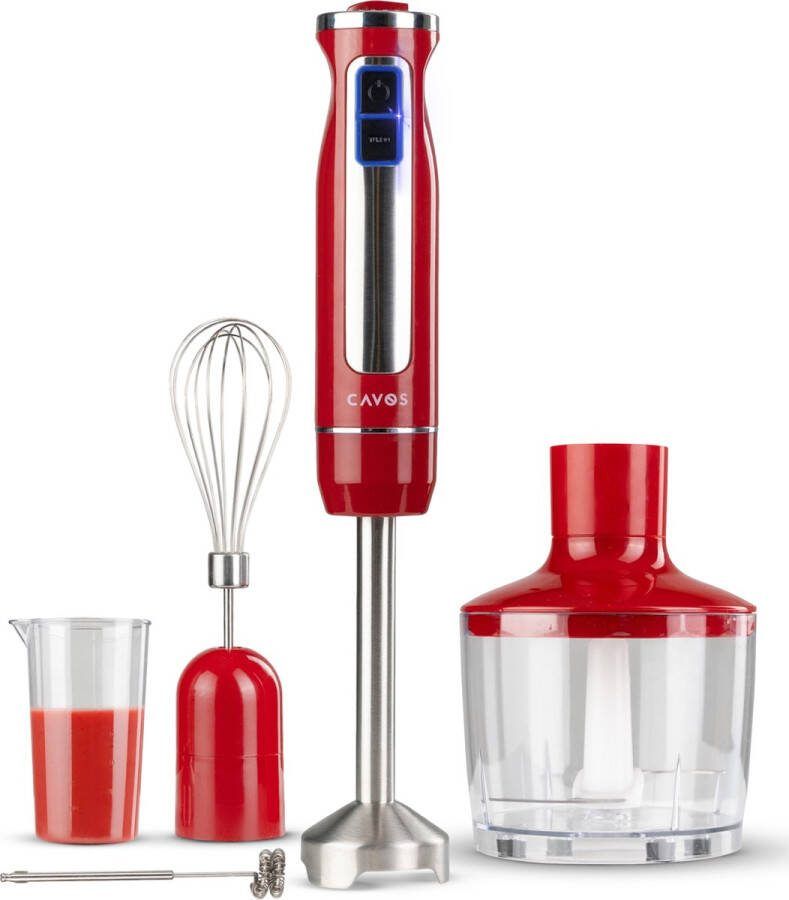 Cavos Staafmixer 6-in-1 Staafmixer set Hakmolen Melkopschuimer Maatbeker 8 Snelheden + Turbo 1000 Watt Rood