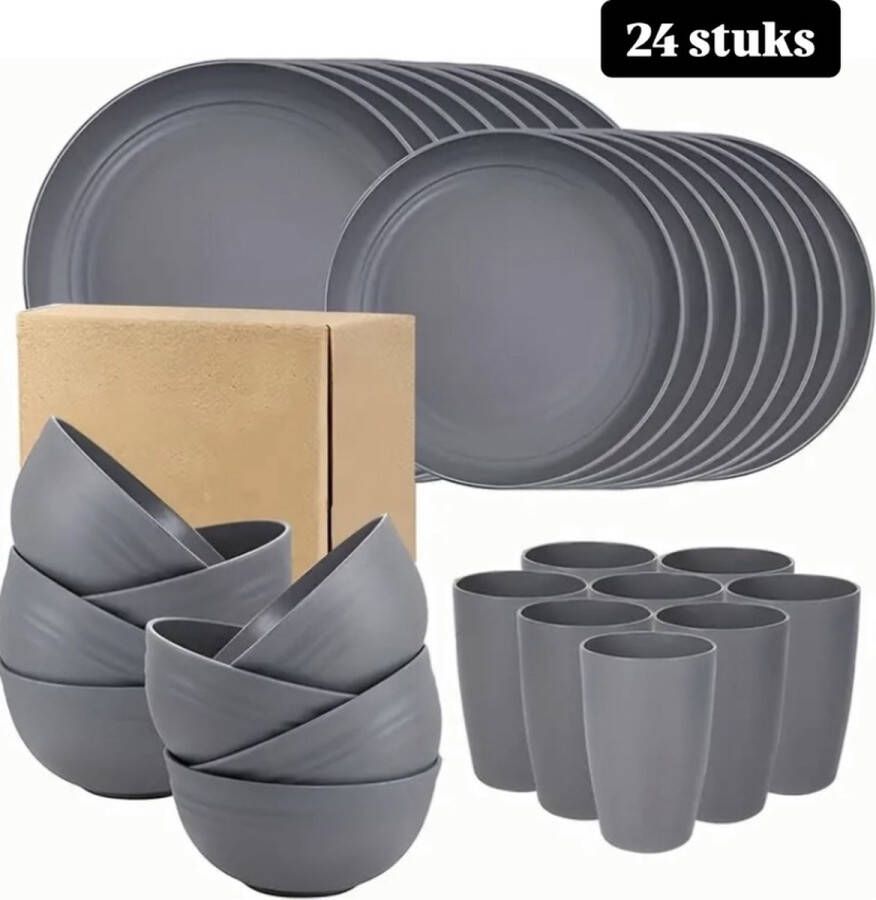 CB 24-delige herbruikbare serviessets voor 6 personen (grijs) 100% BPA-vrij onbreekbaar campingservies magnetron vaatwasmachinebestendig lichtgewicht serviesset voor camping feestjes kamperen picknick