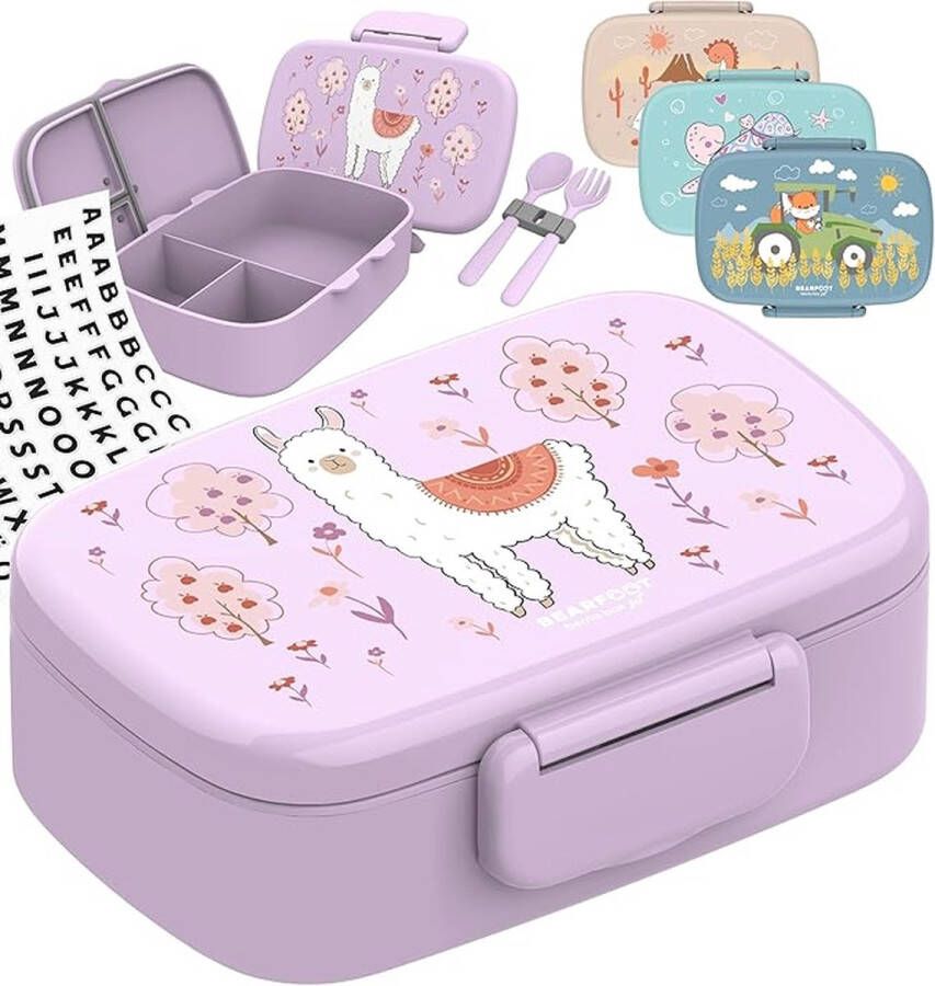 CB Broodtrommel roze paars voor kinderen met 3 vakken met letterstickers voor personaliseren BPA-vrij lunchbox met bestek bento box broodtrommel voor meisjes jongens snackbox kindvriendelijk 100% lekvrij lunchbox voor kleuterschool school