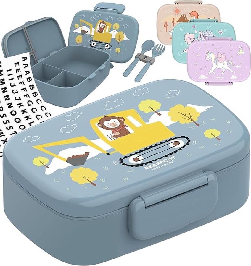 CB Broodtrommel groen grijs voor kinderen met 3 vakken met letterstickers voor personaliseren BPA-vrij lunchbox met bestek bento box broodtrommel voor meisjes jongens snackbox kindvriendelijk 100% lekvrij lunchbox voor kleuterschool school