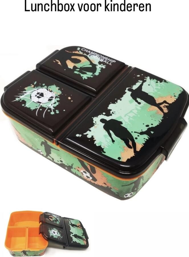 CB broodtrommel voor kinderen met voetbal figuren kinderlunchbox met 3 scheidingsvakken met onderverdeling BPA-vrij lunchbox voor school kinderdagverblijf voor onderweg voetbal broodtrommel