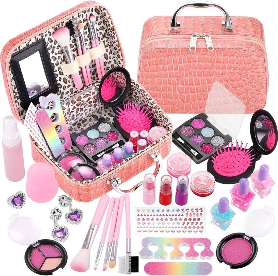CB Kindermake-upset voor meisjes 26 stuks kinderschminkset 1 ring 2 oorbellen 2 lipgloss 3 kinderlippenstiften 1 kinderoogschaduw 2 kinderoogschaduw make-upkoffer wasbaar rollenspel cosmetica voor kinderen vanaf 3 jaar