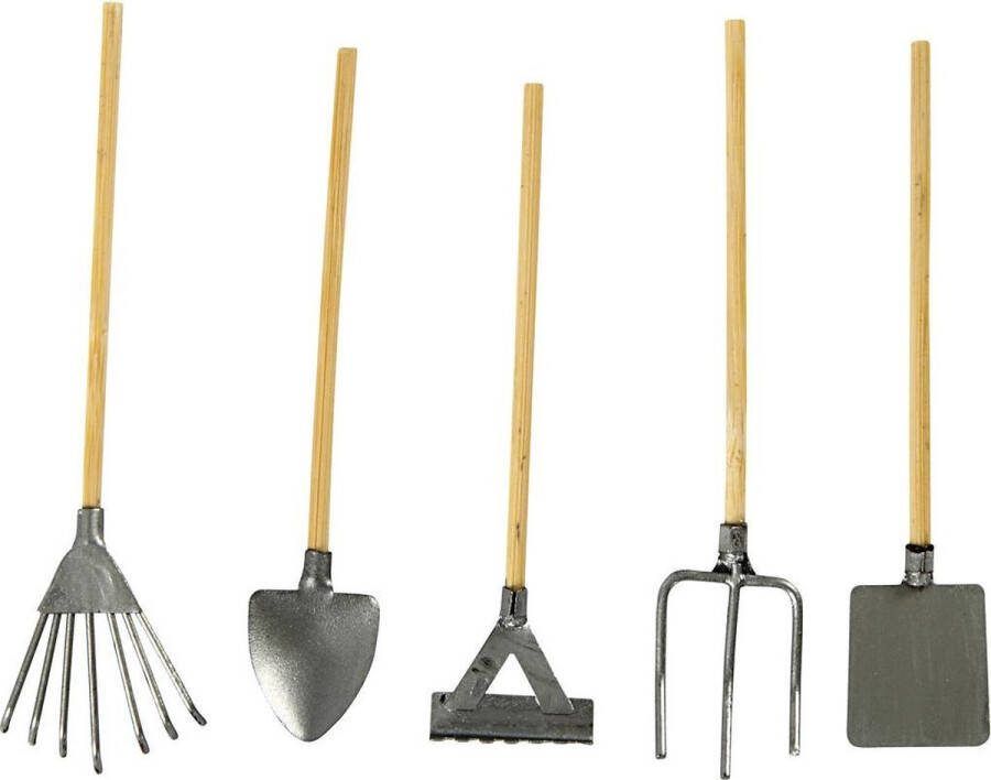 Creativ company Tuingereedschap Mini Tuingereedschapset Hark Schep Vork Miniatuur Hobbydecoratie Metaal En Hout Lengte: 11 cm Creotime 5 stuks