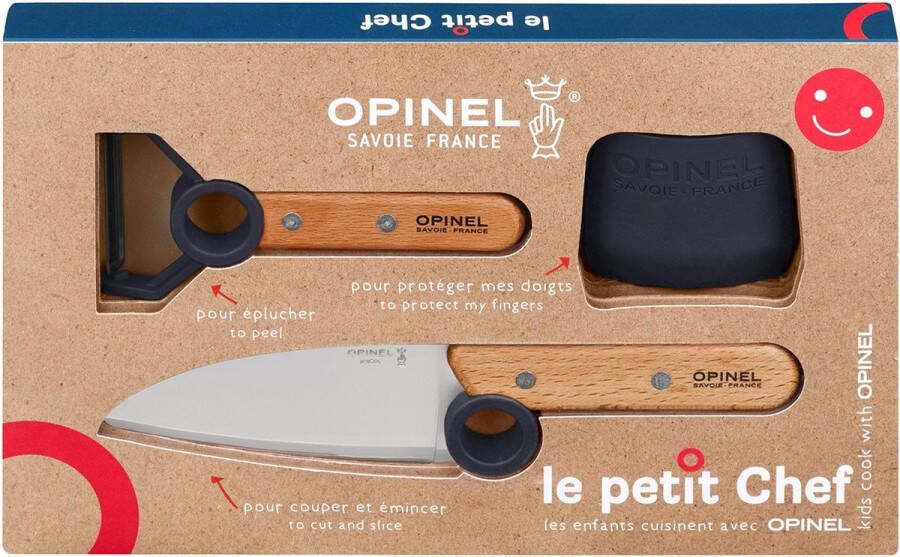 Opinel Le Petit Chef Kinderkeukensetje Blauw 3-delig Koksmes Vingerbeschermer en Dunschiller