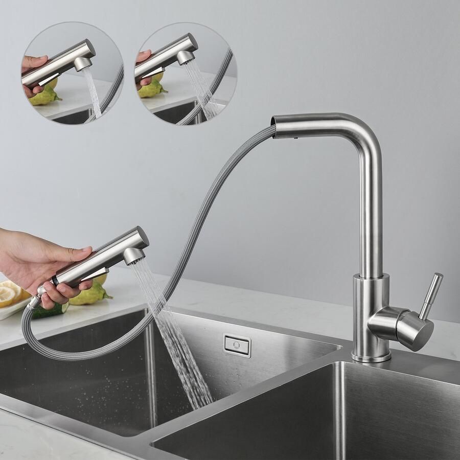CECIPA max Keuken kraan Keukenkraan Met Uittrekbare Uitloop Uittrekbare keukenmengkraan met 2 straalsoorten Spoelmengkraan 360° draaibaar Keukenmengkraan Zilver