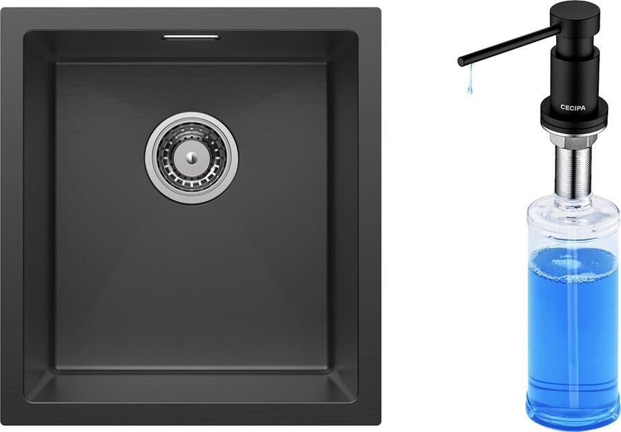 CECIPA max Spoelbakken Keuken 40x44cm- Spoelbak Met Zeeppompje(300ML) Enkele spoelbak Inbouw Zeepdispenser Spoelbakken Keuken -Spoelbakken met afdruip Antraciet