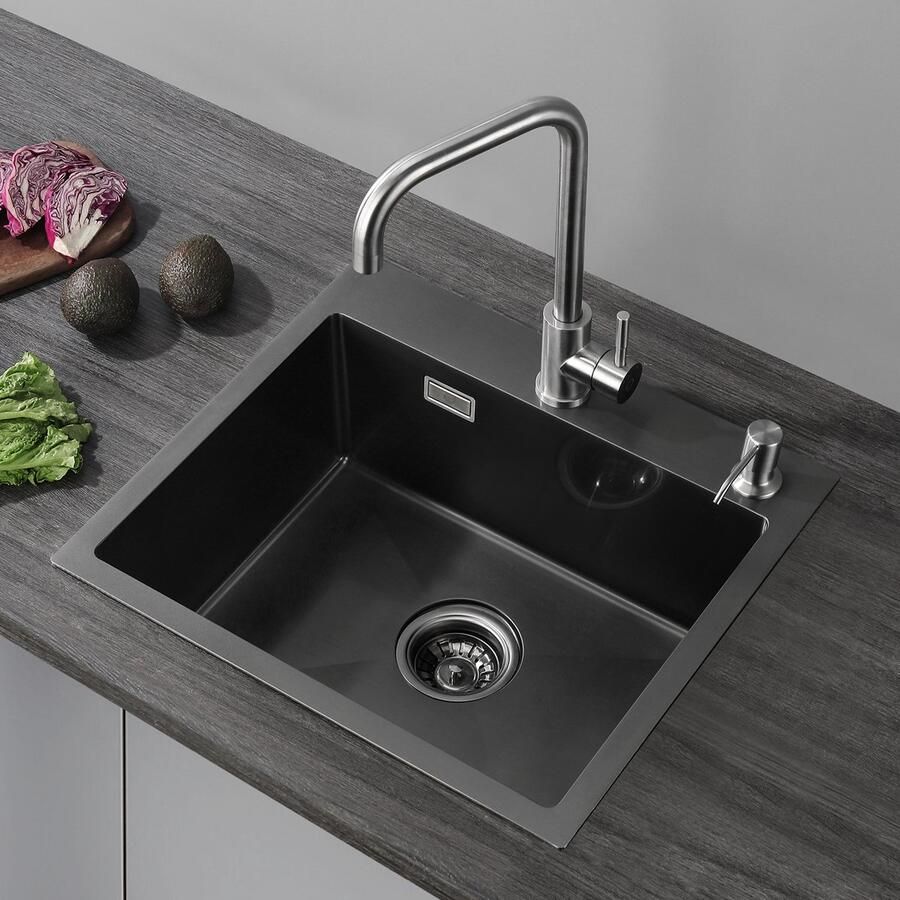CECIPA max Spoelbakken Keuken 50x45cm Antraciet Spoelbak keuken met kraangat Enkele Spoelbak Spoelbakken met afdruip ( Nee Zeepdispenser)- Antraciet