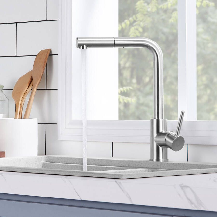 CECIPA max Keuken Kraan Keukenkraan Met Uittrekbare Uitloop Keukenmengkraan met Enkele functie Hoge druk keukenmengkraan 360° draaibaar keukenmengkraan Zilver