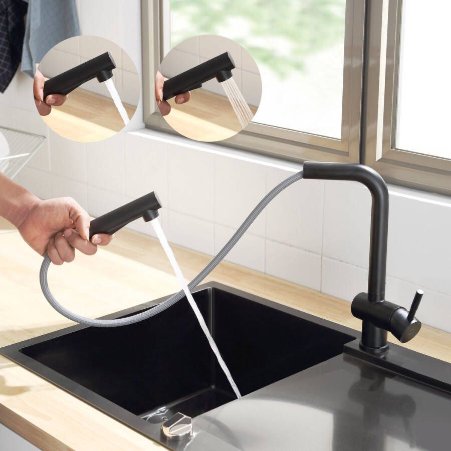 CECIPA max Keuken kraan Keukenkraan Zwart Keukenkraan Met Uittrekbare Uitloop Handdouche 360° Draaibare keukenkraan Met 2 straalsoorten Zwart
