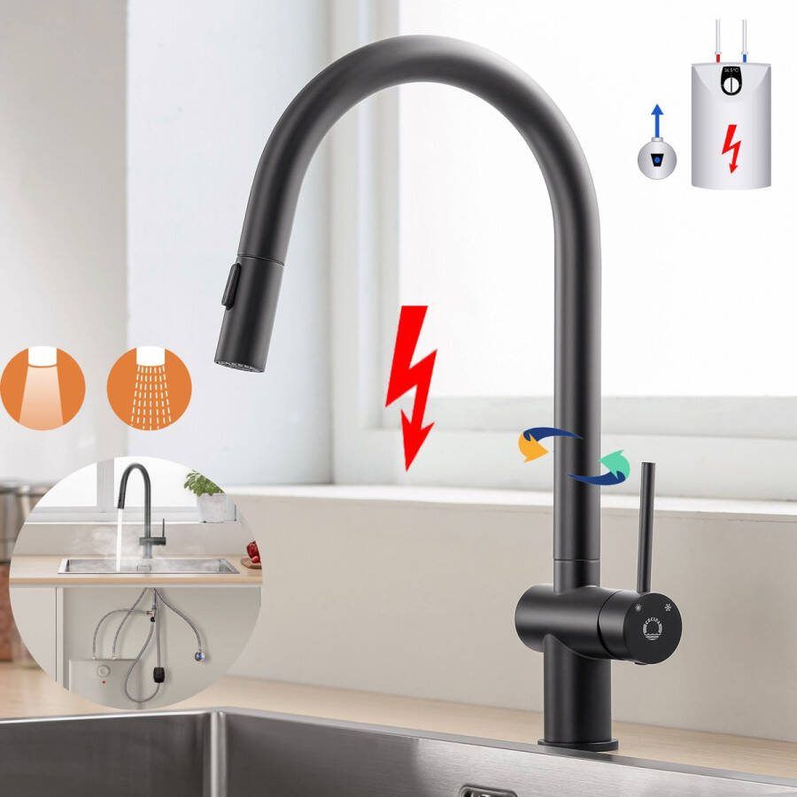 CECIPA max Keuken kraan Zwart Lagedruk Keukenkraan Met Uittrekbare Uitloop 360° draaibare keukenkraan 2 straalsoorten
