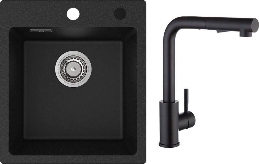 CECIPA max Spoelbak Keuken 40x45cm Graniet Spoelbakken Keuken Keukenkraan Met Uittrekbare Uitloop Graniet Enkele spoelbak Spoelbakken met Afdruip Antraciet