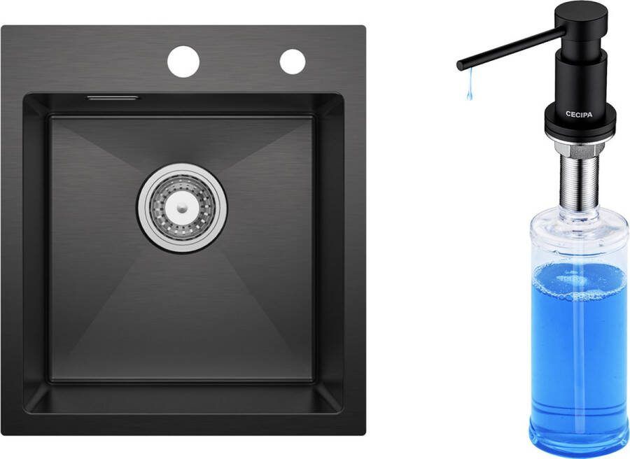 CECIPA max Spoelbakken Met Zeeppompje(300ML) Spoelbak Keuken 40x45cm Enkele spoelbak -Inbouw Zeepdispenser Spoelbakken Keuken -Spoelbakken met afdruip Antraciet