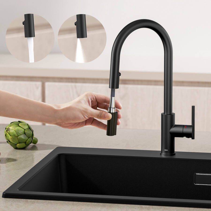 CECIPA max Zwart Keukenkraan Met Uittrekbare Uitloop 360° draaibare keukenkraan 2 straalsoorten waterbesparende keuken kraan