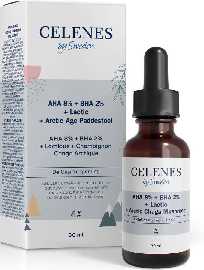 CELENES by Sweden : AHA 8% + BHA 2% + Arctic Age Paddenstoel Geavanceerd Gezichtsserum Zonder Alcohol Parfum & Parabenen 30ml Alcoholvrij Parfumvrij en vrij van parabenen