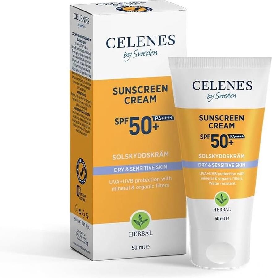 CELENES by Sweden Herbal Sunscreen SPF50+ Zonnebrandcrème voor Droge & Gevoelige Huid 50ml Minerale & Organische Filters Avocado-olie & Vitamine E Waterbestendig Zonder Witte Resten Vrij van Parabenen & Parfum Vegan