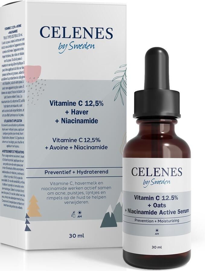 CELENES by Sweden : 12 5% Vitamine C + Haver Extract + Niacinamide 100% Natuurlijk Gezichtsserum Alcohol- en Parfumvrij Zonder Parabenen Alcoholvrij Parfumvrij en vrij van parabenen Gezichtsserum