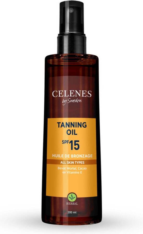 CELENES by Sweden Herbal Tanning Oil SPF15 200ml Bruining Olie Zelfbruiner Natuurlijke Bruining Hydraterend met Cacao Caroteen & Vitamine E Vrij van Parabenen en Alcohol