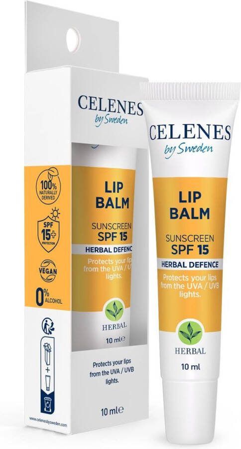 Celenes by Sweden Lippenbalsem met Kruiden SPF 15 10 ml Zonbescherming Intensieve Hydratatie met Kokos- en Avocado-olie Vegan Alcoholvrij Ideaal voor Alle Huidtypen