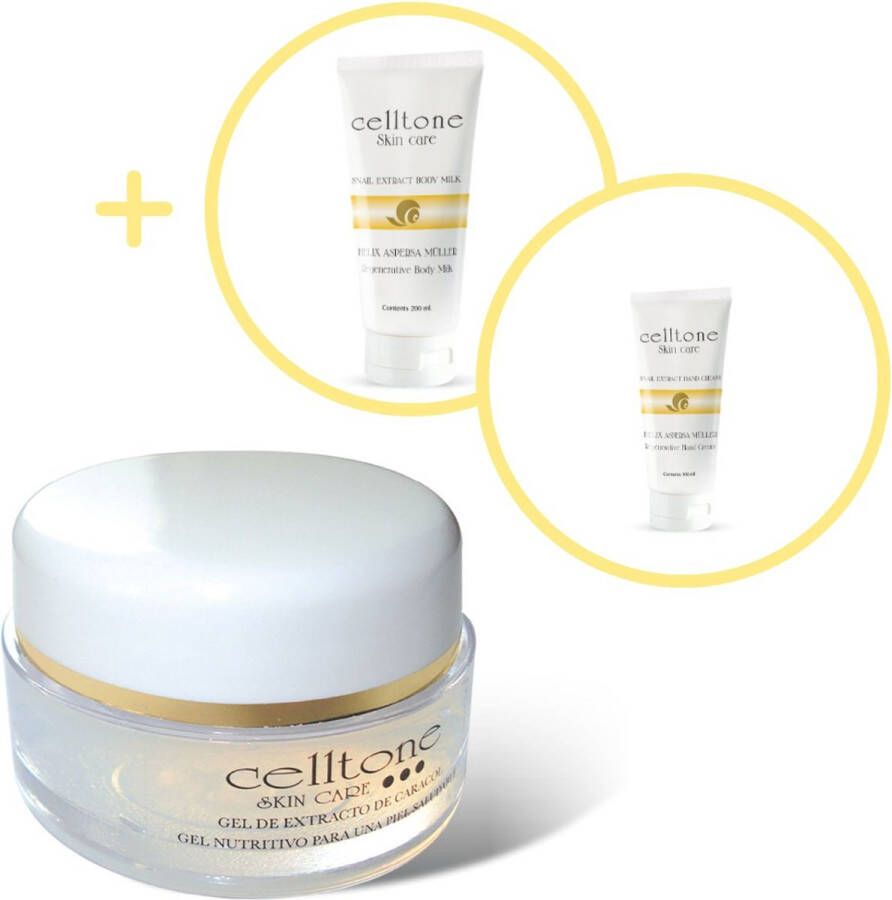 Celltone 3-delige set Slakkengel Huidverzorging Gezichtscrème 50ml Bodymilk 200ml Handcrème 100ml – Gezichtsverzorging Lichaamsverzorging – Hydraterend Anti-aging Verminderd Acne en Littekens